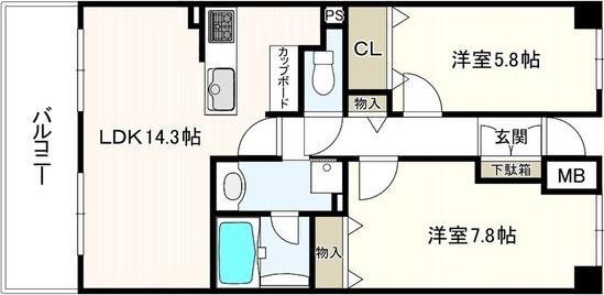 プラスワン芦屋(2LDK/4階)の間取り写真