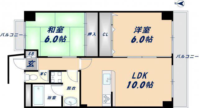 ツカサロイヤルハイツ瓢箪山(2LDK/2階)の間取り写真
