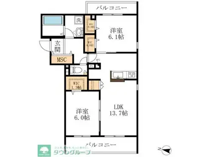 メゾンドゥラミティエ(2LDK/2階)の間取り写真