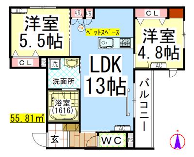 AF ペット共生・クレールメゾン凪(2LDK/2階)の間取り写真