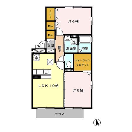 ベルジュノー是政(2LDK/1階)の間取り写真