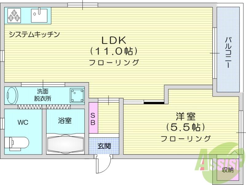 フルール仙台南(1LDK/2階)の間取り写真
