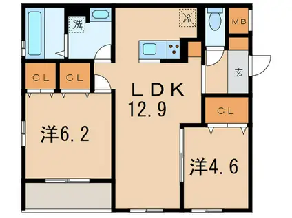 ブル・マリーノ衣掛(2LDK/1階)の間取り写真