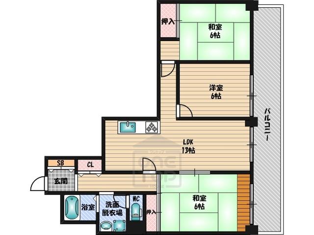 ライオンズマンション緑地公園(3LDK/2階)の間取り写真