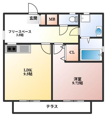 ノアール岡町(1LDK/1階)の間取り写真