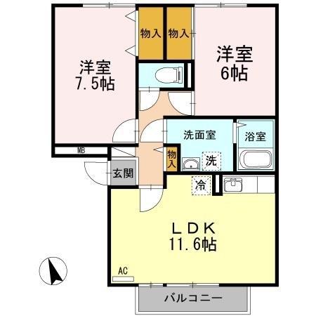 グレイスフルYA棟(2LDK/3階)の間取り写真