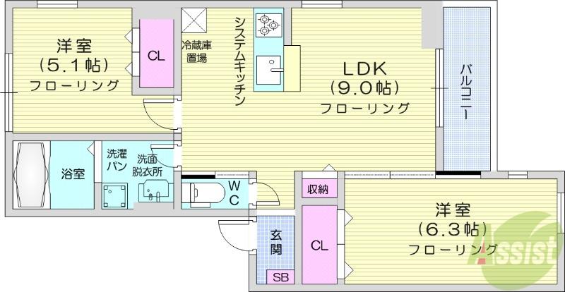 ルリアン小田原(2LDK/2階)の間取り写真