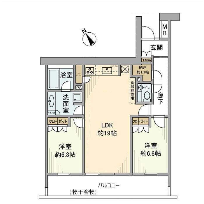 加賀レジデンス(2LDK/6階)の間取り写真