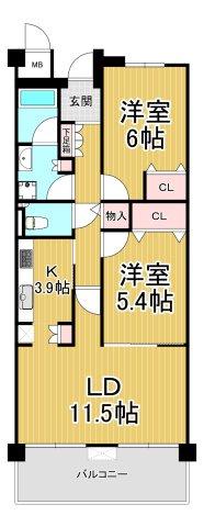 甲子園三番町ハイツ(2LDK/5階)の間取り写真