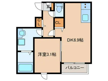 エクシア福大駅前A(1DK/1階)の間取り写真