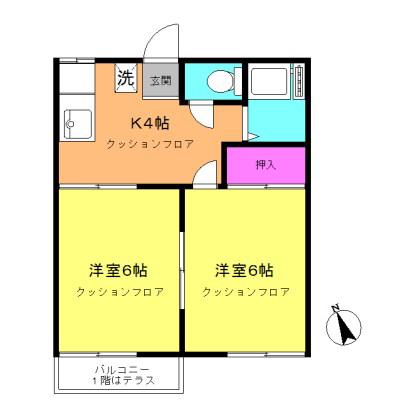 スカイハイツ若草台B(2K/1階)の間取り写真