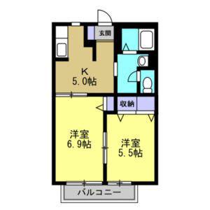 グリーンハイツ浜尾B棟(2DK/1階)の間取り写真