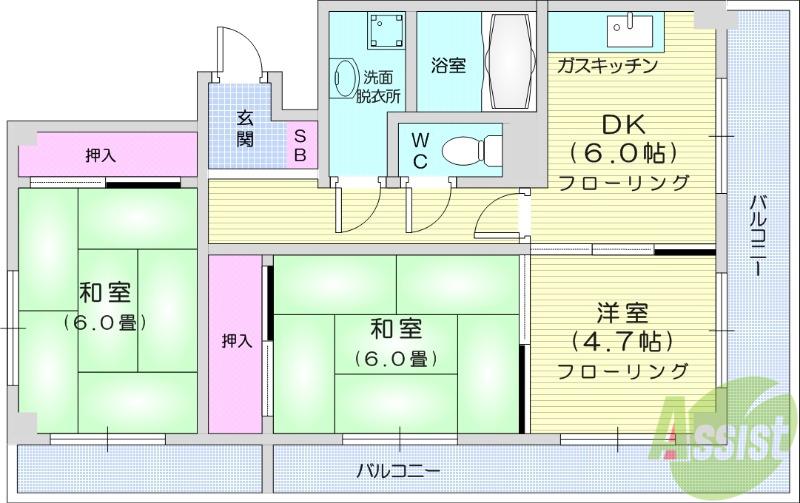 ツインヒルズA舘(3DK/4階)の間取り写真