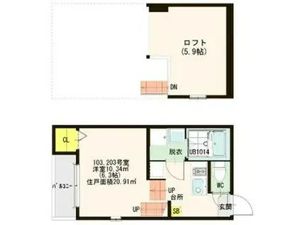 ハーモニーテラス台原(1K/2階)の間取り写真