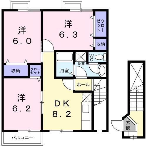 アヴニールB棟(3DK/2階)の間取り写真