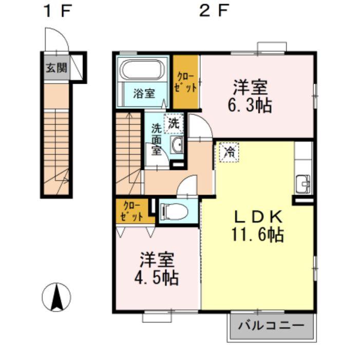 フィオーレⅠ(2LDK/2階)の間取り写真