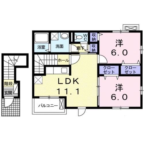 グレイスフル シャンティ 栗東市高野(2LDK/2階)の間取り写真