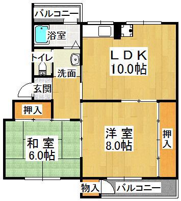 阪神本線 石屋川駅 徒歩40分 5階建 築58年(2LDK/4階)の間取り写真