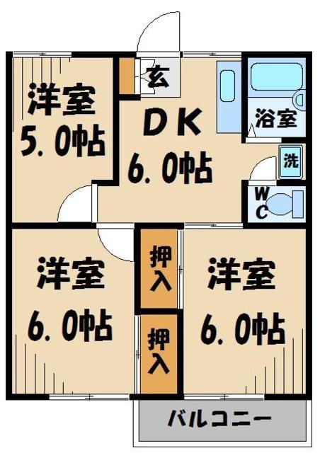 ドミール渡辺B棟(3DK/2階)の間取り写真