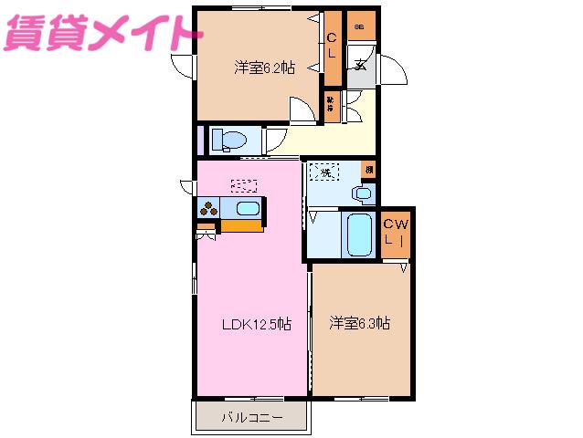 キャリコガーデン(2LDK/2階)の間取り写真