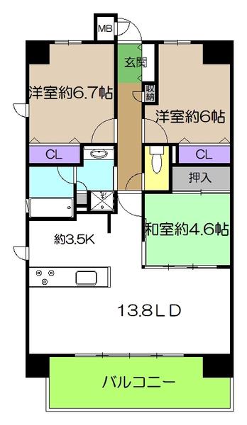 ポレスター南川添(3LDK/2階)の間取り写真