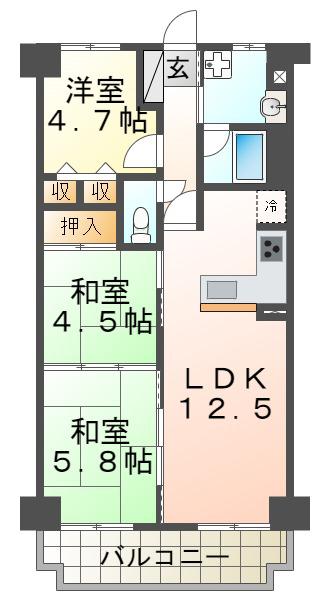ライオンズマンション鷹取(3LDK/8階)の間取り写真