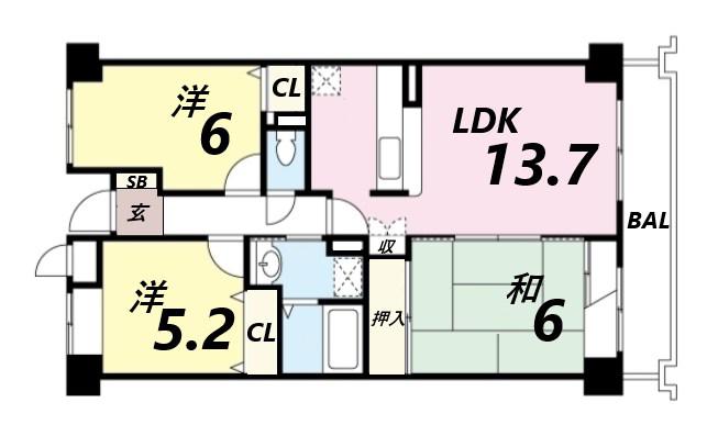 エスポワール園田(3LDK/4階)の間取り写真