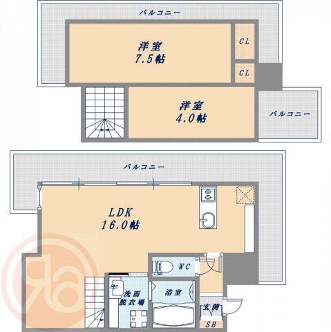 インペリアルスイート南堀江(2LDK/13階)の間取り写真