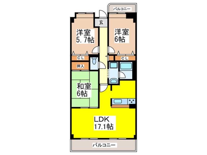 近鉄大阪線 高安駅 徒歩12分 5階建 築27年(3LDK/3階)の間取り写真