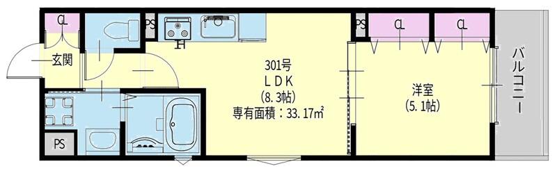 クリエオーレ新堂1(1LDK/3階)の間取り写真