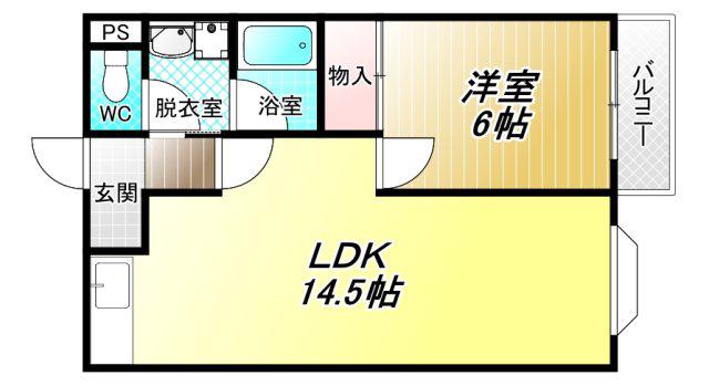 ビートル山本北D棟(1LDK/2階)の間取り写真