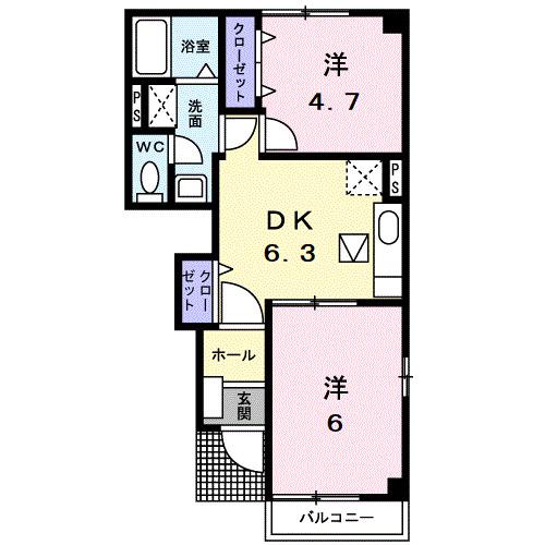 クレールコートB(2DK/1階)の間取り写真