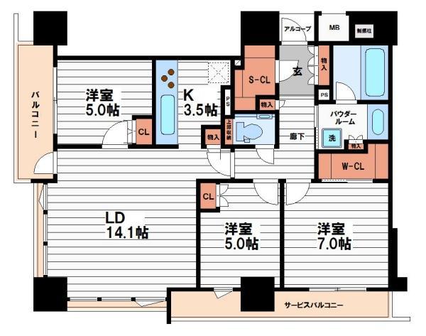 シエリア大阪上町台パークタワー(3LDK/3階)の間取り写真