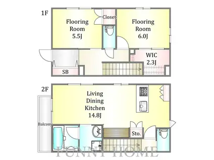 玉川野毛パークサイドハウスB(2LDK/1階)の間取り写真