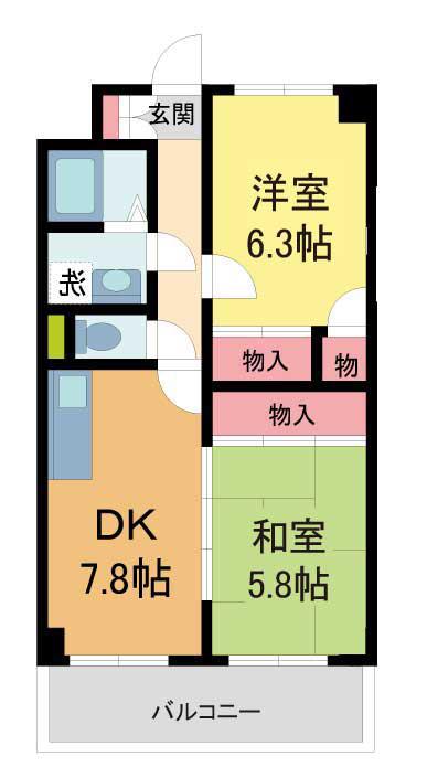カーサフェンテ芦屋西(2DK/3階)の間取り写真