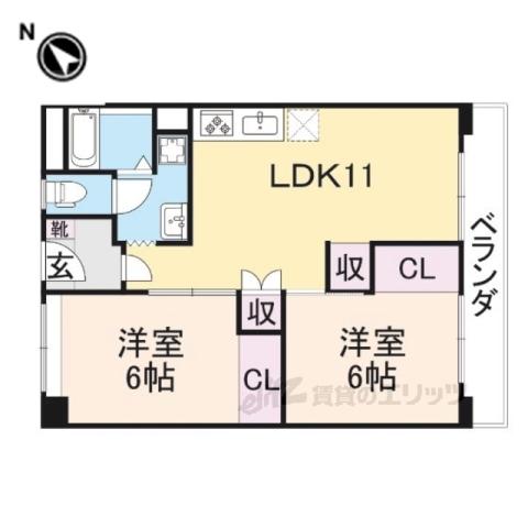 ベルヴィタウン京都伏見(2LDK/9階)の間取り写真
