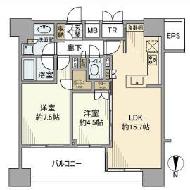 GRAND LIVIO芝大門(2LDK/16階)の間取り写真