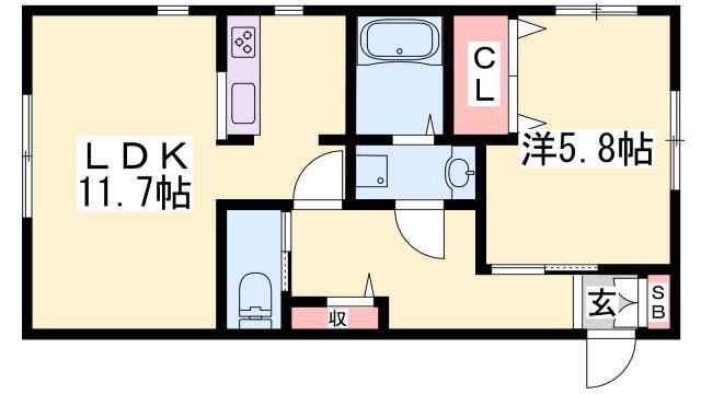 エンカーサ宝殿A棟(1LDK/1階)の間取り写真