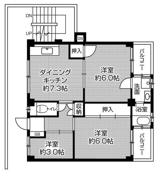 ビレッジハウス私部4号棟(3DK/3階)の間取り写真