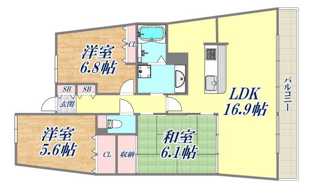 リーデンススクエア宝塚リバージュ(3LDK/14階)の間取り写真