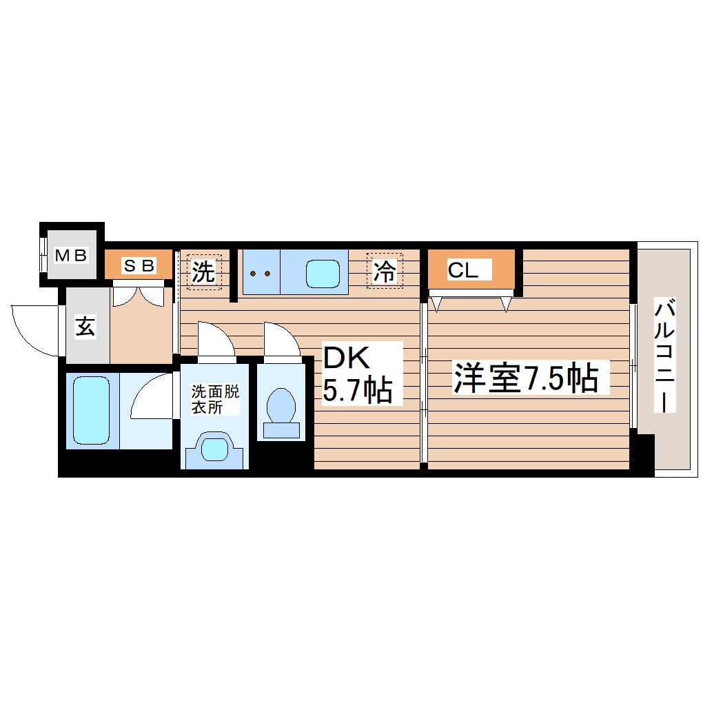 ヒューモスシエナ大和町(1DK/2階)の間取り写真