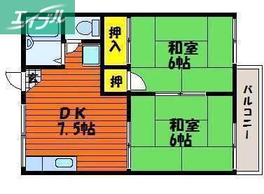 メゾン庭瀬D棟(2DK/2階)の間取り写真