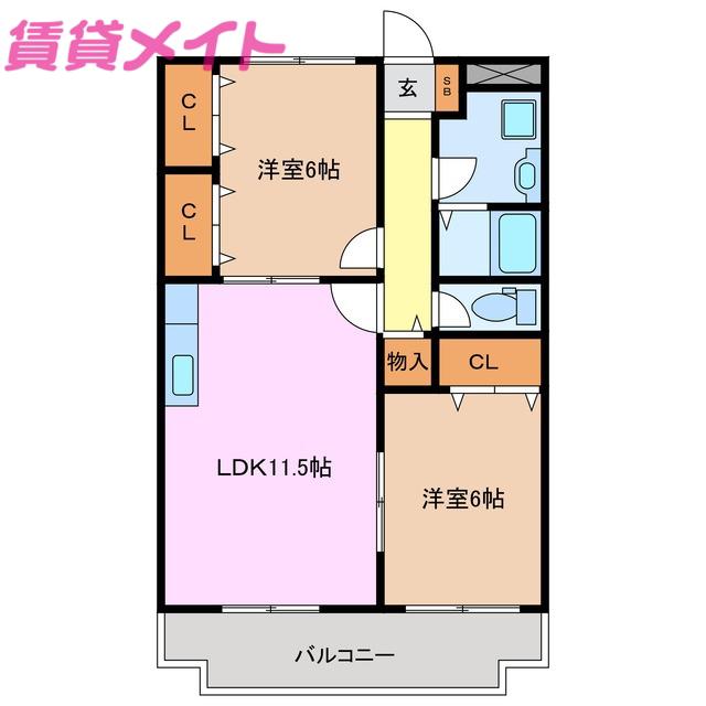パレスインビレッジII(2LDK/2階)の間取り写真