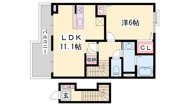シャンドフルールC棟(1LDK/2階)の間取り写真