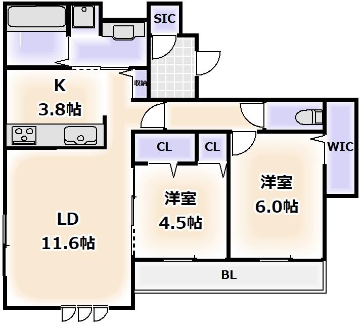 PASSARO GRANDE桃ヶ池(2LDK/1階)の間取り写真