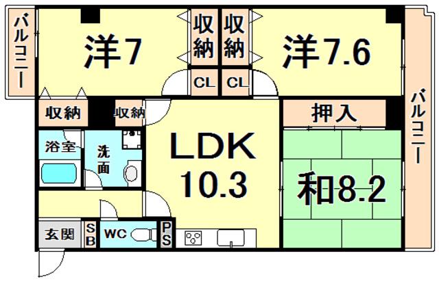 HACHIBUSE鳴尾(3LDK/4階)の間取り写真