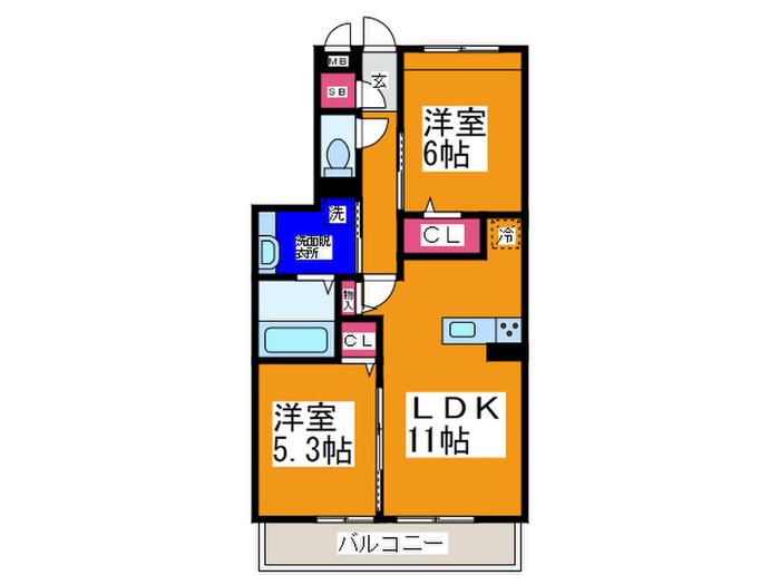 グロリアハイツはびきのB棟(2LDK/3階)の間取り写真