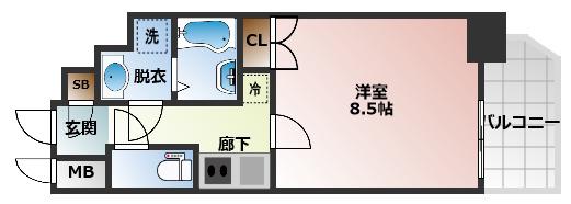 ワールドアイ難波南ミラージュ(1K/9階)の間取り写真