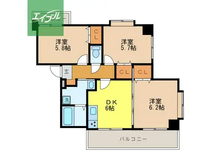 扇ヒルズ(3DK/2階)の間取り写真