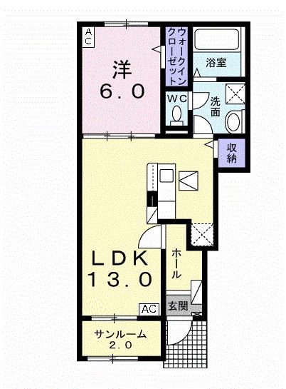 ヒカルサ岐阜岩田東(1LDK/1階)の間取り写真